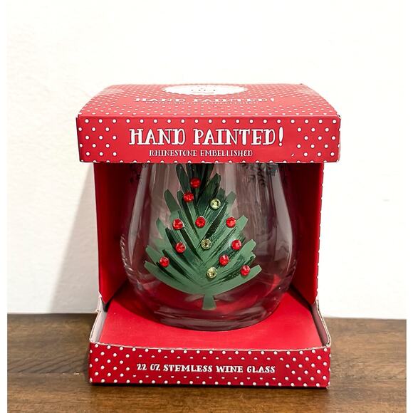 Peppermint & Pine- Hand-painted, Embellished, Christmas, Stemless Wine Glass - Picture 1 of 3